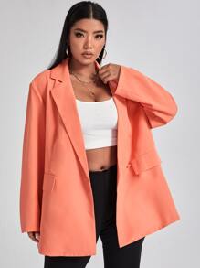 Plus Lapel Neck Single Button Blazer - Coral Orange - View 1