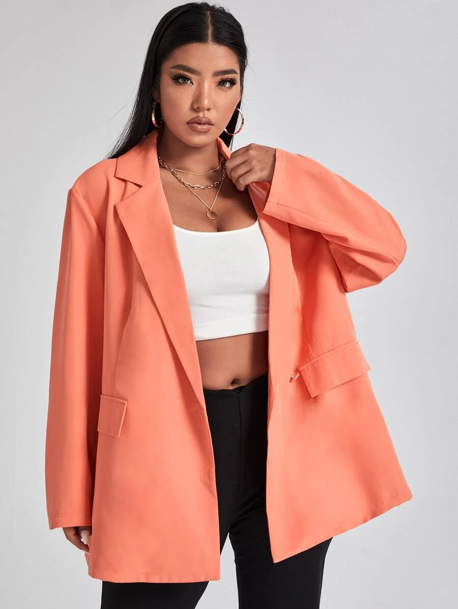 Plus Lapel Neck Single Button Blazer - Coral Orange - View 1