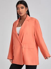 Plus Lapel Neck Single Button Blazer - Coral Orange - View 3