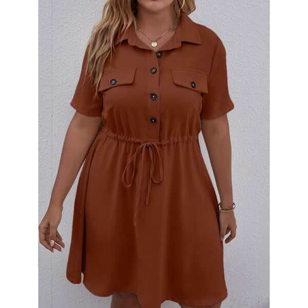

Plus Flap Detail Half Button Drawstring Waist Shirt Dress, Rust brown
