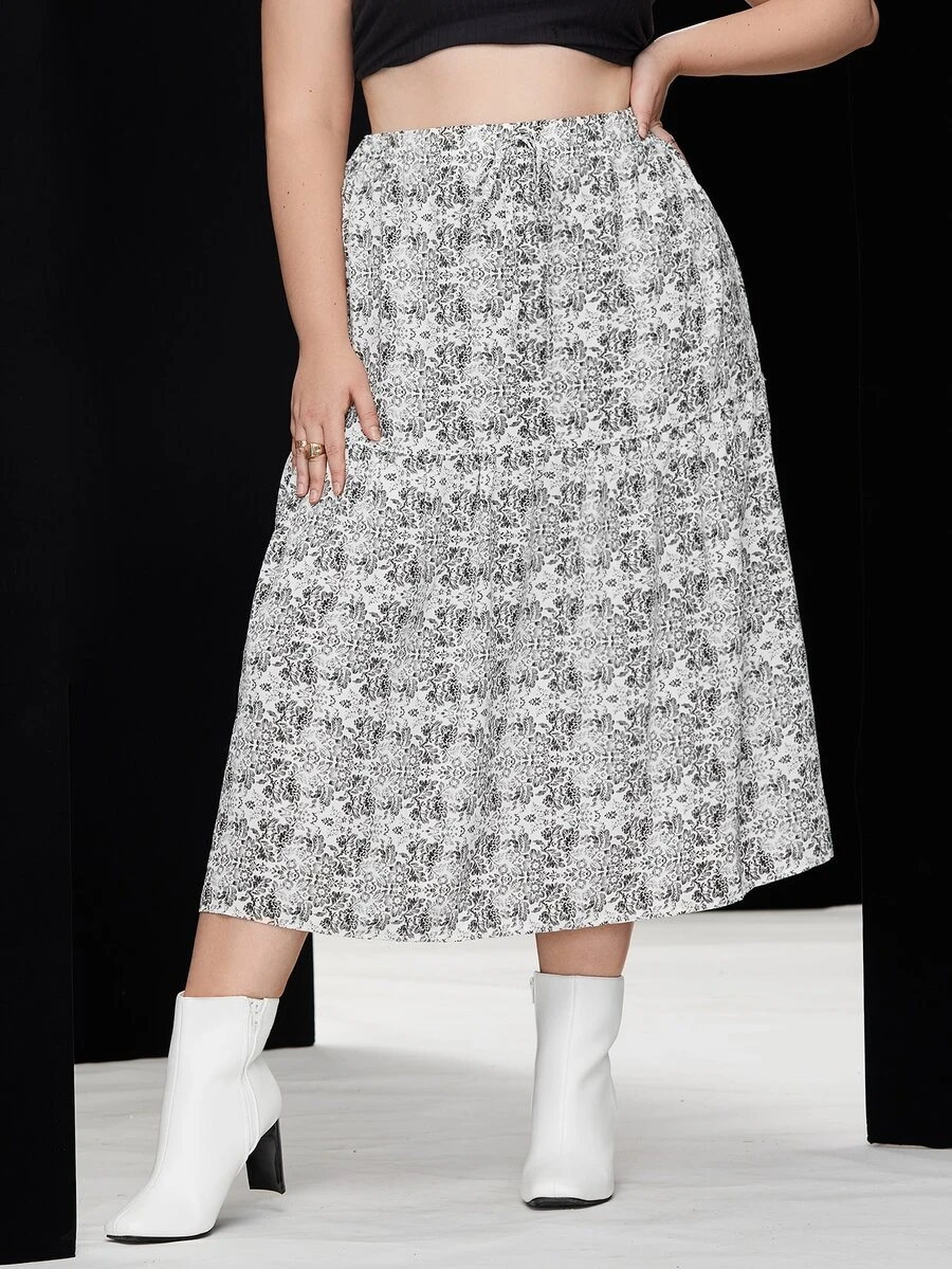 Váy Plus Size Thực vật Tất cả trên in Giải trí - Đen và trắng - Xem 1