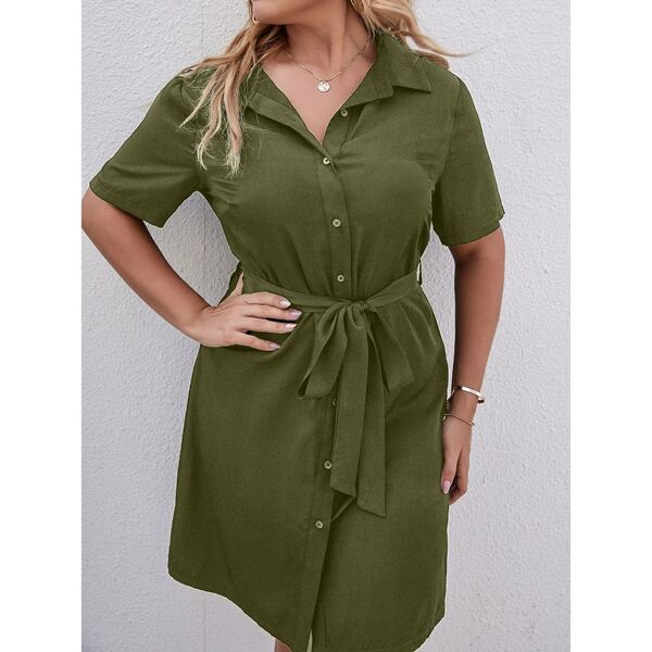 

Plus Button Front Belted Shirt Dress, Army green