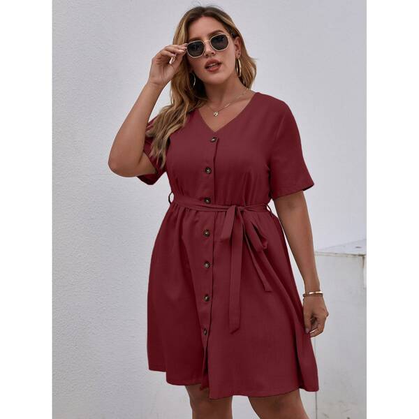 

Plus V-neck Button Front Belted Dress, Burgundy