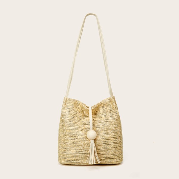 

Tassel Decor Straw Tote Bag, Beige