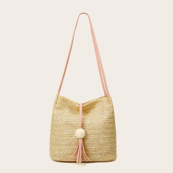 

Minimalist Tassel Decor Straw Design Bucket Bag, Beige