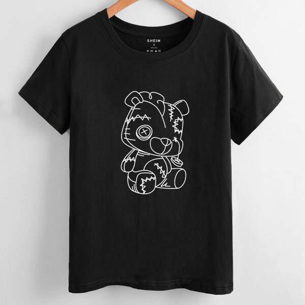 

Cartoon Bear Print Short Sleeve Tee, Black