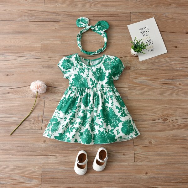 

Baby Floral Puff Sleeve 1 Babydoll Dress With 1 Headband, Green