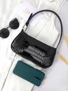 Minimalist Crocodile Embossed Bag For Teen Girls Women College Students,Rookies & White-Collar Workers Perfect For Office,College,Work ,Business,Commute - Black - View 3