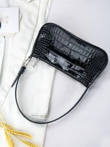 Minimalist Crocodile Embossed Bag For Teen Girls Women College Students,Rookies & White-Collar Workers Perfect For Office,College,Work ,Business,Commute - Black - View 4