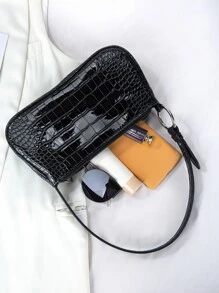 Minimalist Crocodile Embossed Bag For Teen Girls Women College Students,Rookies & White-Collar Workers Perfect For Office,College,Work ,Business,Commute - Black - View 5