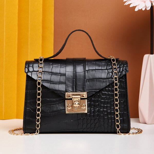 

Croc Decor Chain Satchel Bag, Black
