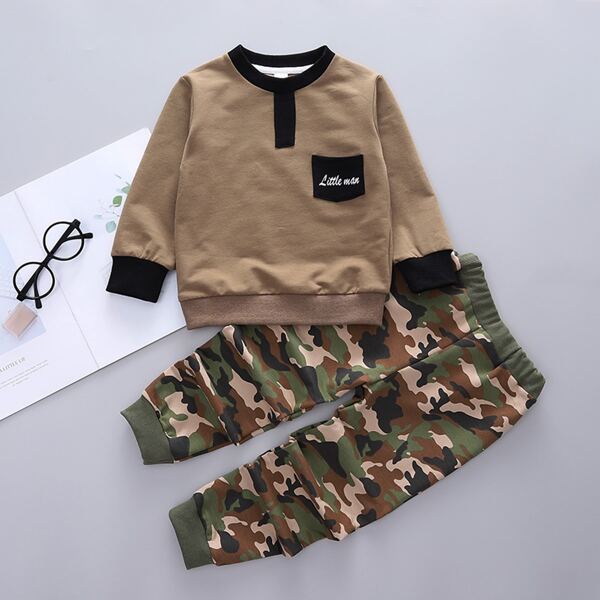 

Toddler Boys Letter Graphic Patched Contrast Trim Pullover & Camo Sweatpants, Multicolor