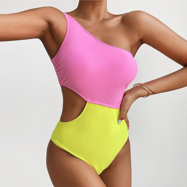 

Two Tone One Shoulder One Piece Swimsuit, Multicolor