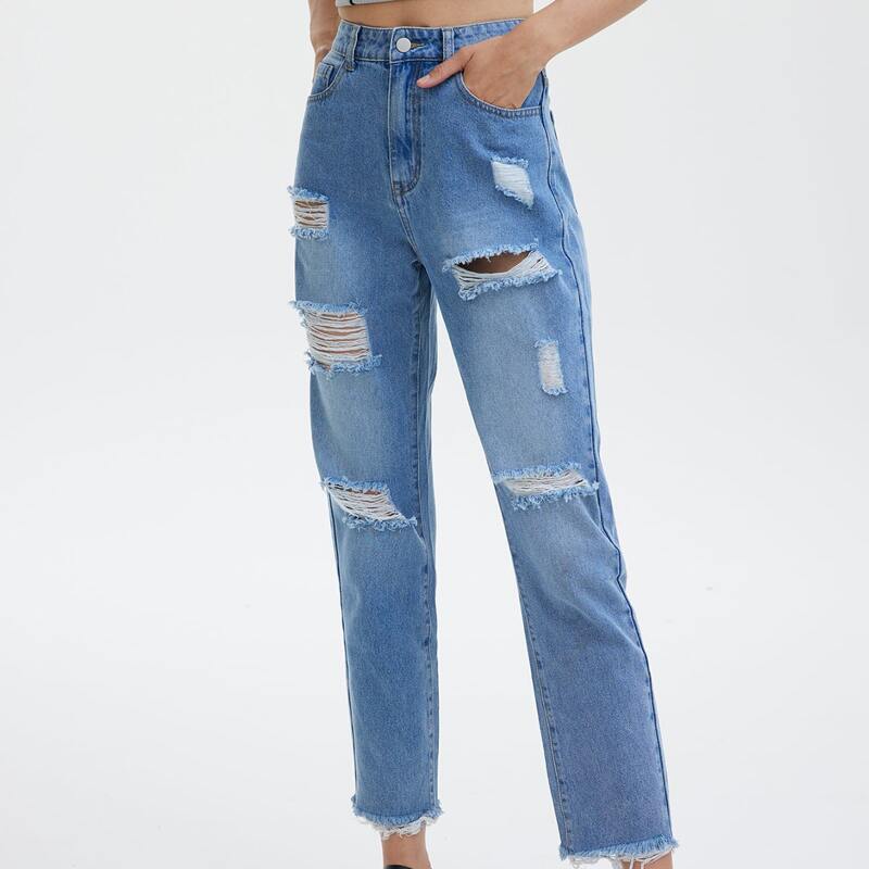 

Ripped Raw Hem Jeans, Light wash