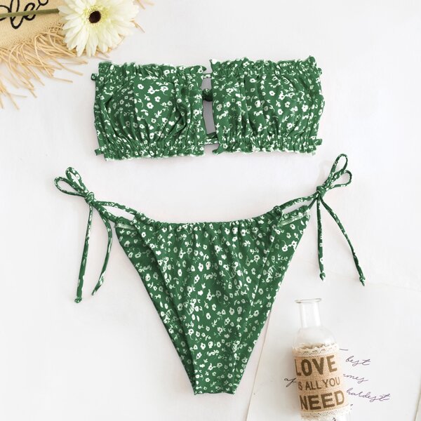 

Ditsy Floral Frill Bandeau Tie Side Bikini Swimsuit, Dark green