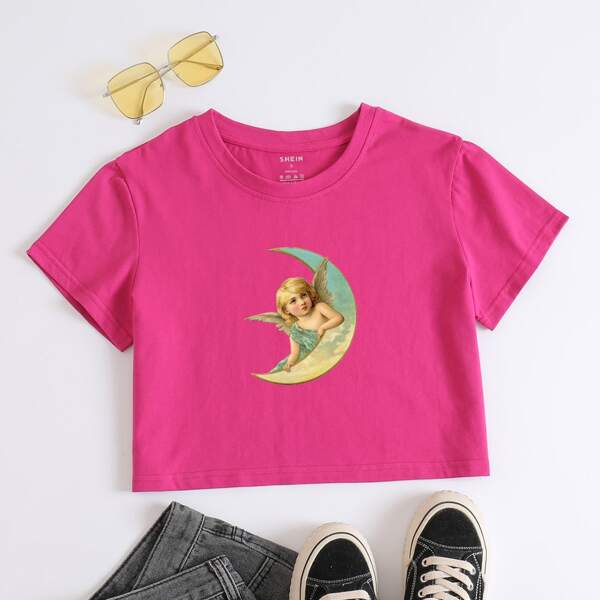 

Angel Print Crop Tee, Hot pink