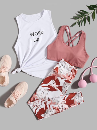 3pack Sports Bra & Slogan Graphic Tank Top & Tropical Leggings