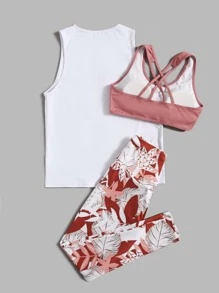 Yoga Floral 三件套運動胸罩和標語圖案背心上衣和熱帶緊身褲