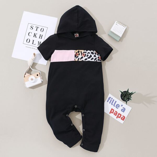 

Baby Girl Contrast Panel Hooded Jumpsuit, Black