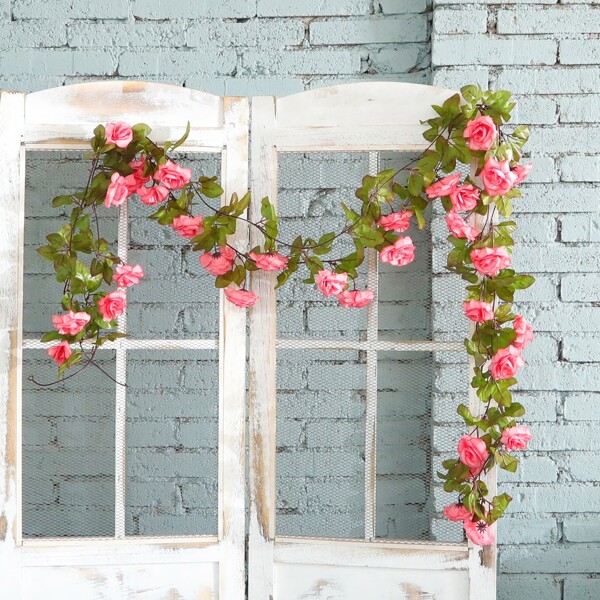 

1pc Artificial Rose Vine With 17pcs Head, Pink
