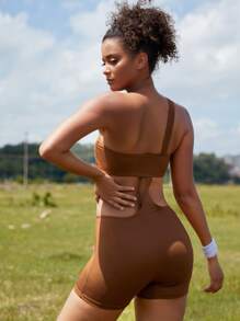 Cut Out Asymmetrical Neck Sports Romper - Brown - View 2