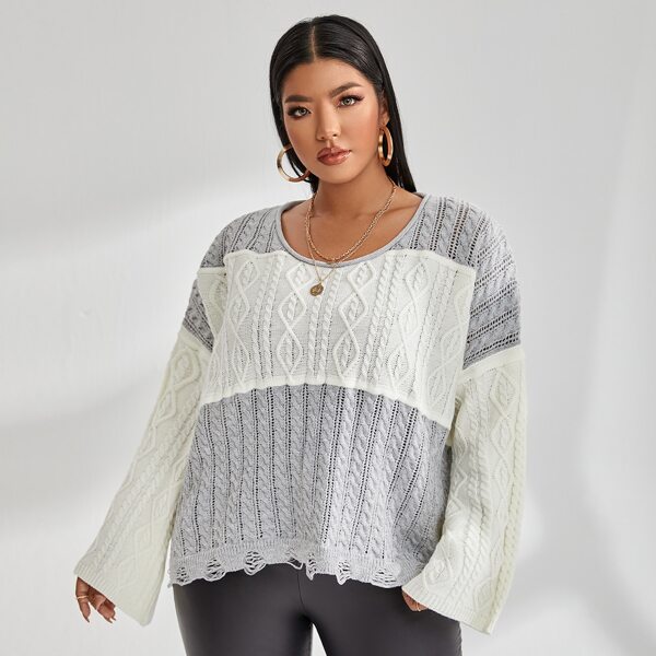 

Plus Drop Shoulder Pointelle Knit Sweater, Multicolor