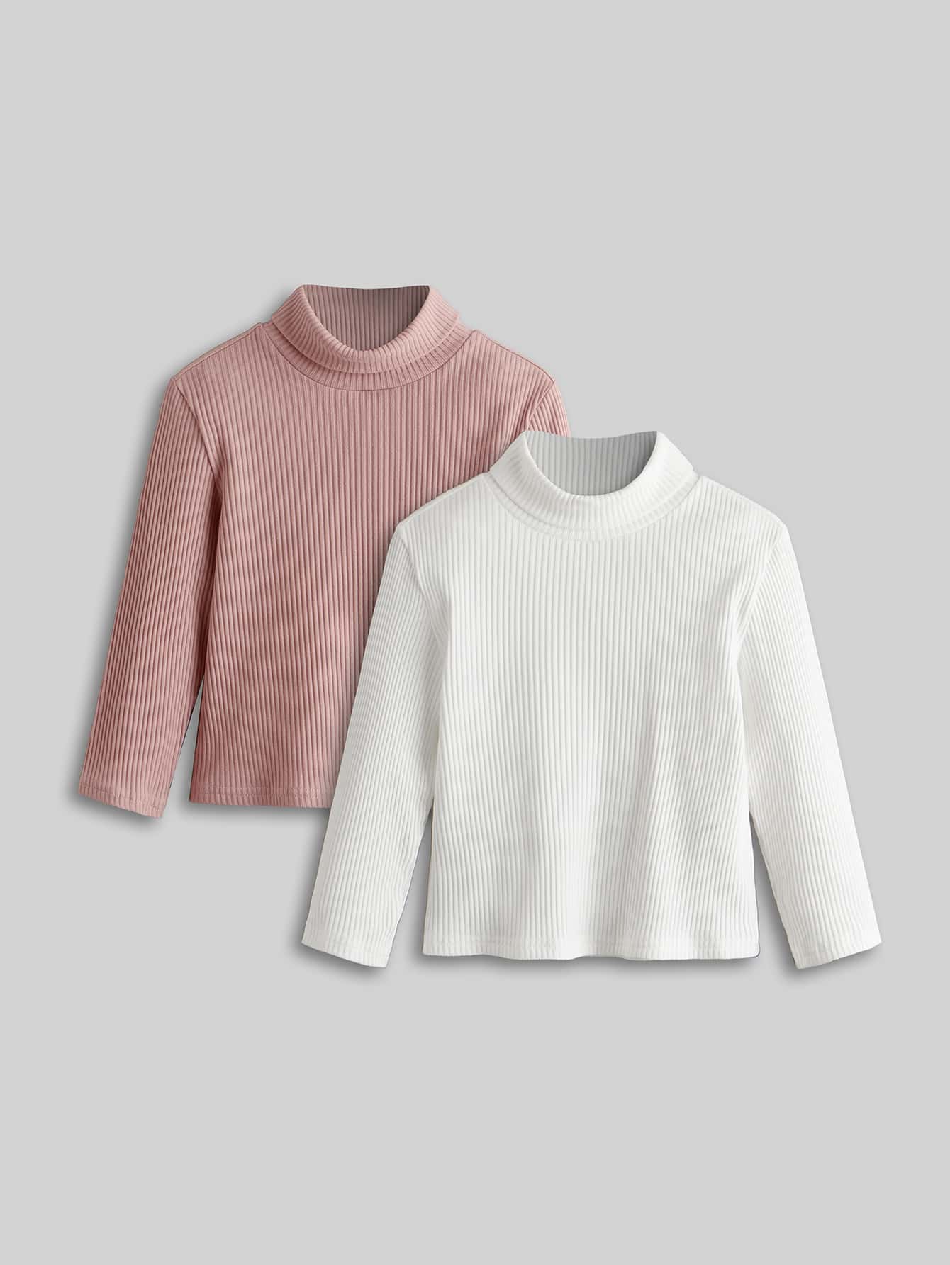 SHEIN Niñitas 2 piezas Camiseta de cuello cisne tejido de canalé - Multicolor - Ver 1