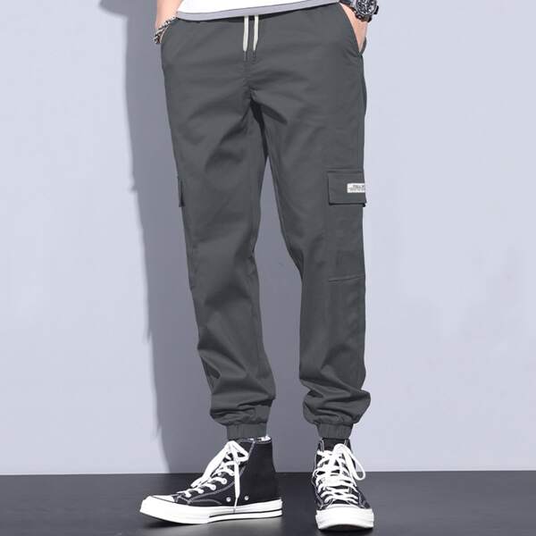 

Men Patched Detail Flap Pocket Side Drawstring Pants, Dark grey