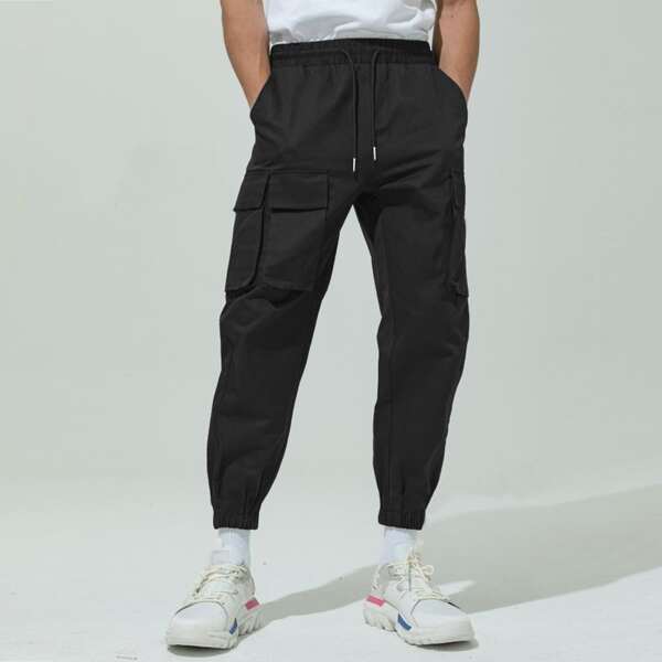 

Men Flap Pocket Drawstring Waist Pants, Black