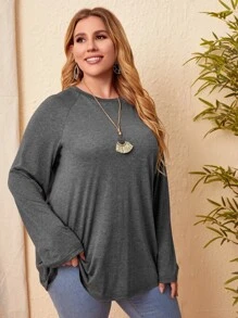 EMERY ROSE Plus Marled Raglan Sleeve Tee - Dark Grey - View 1
