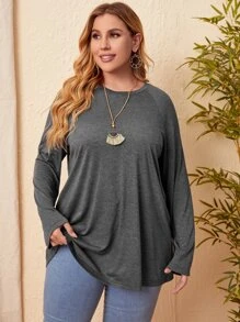 EMERY ROSE Plus Marled Raglan Sleeve Tee - Dark Grey - View 3