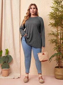 EMERY ROSE Plus Marled Raglan Sleeve Tee - Dark Grey - View 4