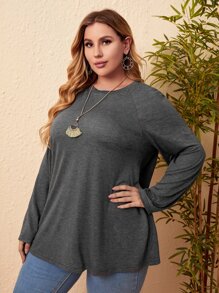 EMERY ROSE Plus Marled Raglan Sleeve Tee - Dark Grey - View 5