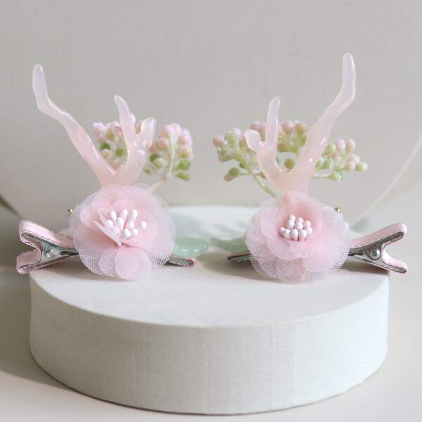 

2pcs Toddler Girls Antlers & Flower Decor Hair Clip, Baby pink