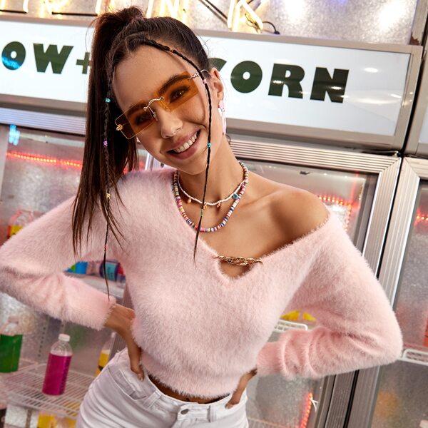 

Chain Detail Fluffy Knit Crop Sweater, Baby pink