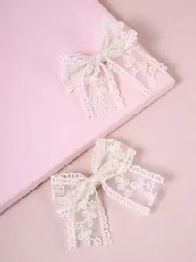 2个法式蕾丝大蝴蝶结发夹 + 1个雪纺丝带发夹，配套发饰 - 米色 - 查看 2
