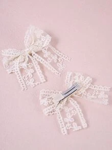 2个法式蕾丝大蝴蝶结发夹 + 1个雪纺丝带发夹，配套发饰 - 米色 - 查看 3