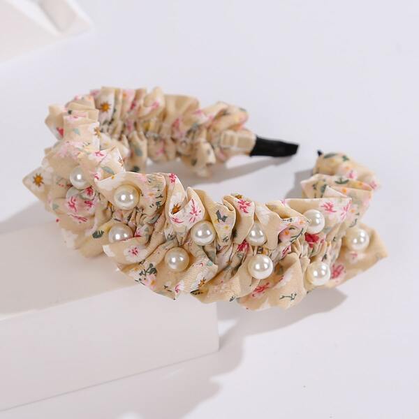 

Faux Pearl Decor Flower Print Headband, Multicolor