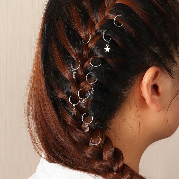 

10pcs Moon & Star Charm Hair Ring, Silver