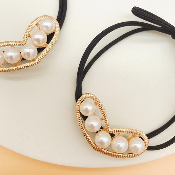 

2pcs Faux Pearl Decor Hair Tie, Gold