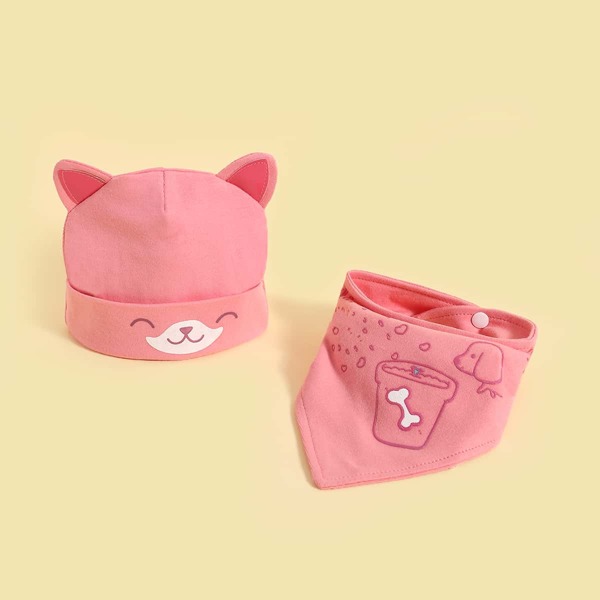 

2pcs Baby Cartoon Embroidered Bib & Hat, Pink