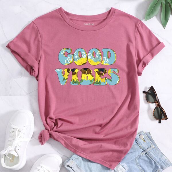 

Slogan Graphic Short Sleeve Tee, Pink