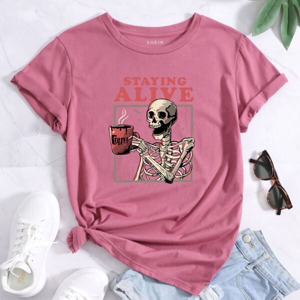 

Skull & Letter Print Tee, Dusty pink