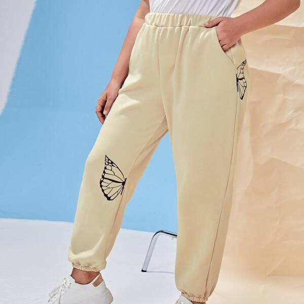 

Plus Butterfly Print Sweatpants, Apricot