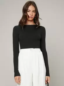 BizChic Women's Solid Color Elastic Fitted Long Sleeve Sweater, Romantic Elegant Everyday Fashion Business Casual Commuter Outfit, Suitable For Office, Teacher, Business Casual Wear In Fall/Winter - Black - View 5