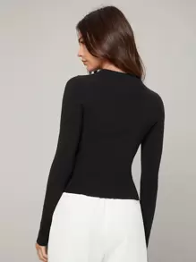 BizChic Women's Solid Color Elastic Fitted Long Sleeve Sweater, Romantic Elegant Everyday Fashion Business Casual Commuter Outfit, Suitable For Office, Teacher, Business Casual Wear In Fall/Winter - Black - View 2