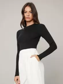 BizChic Women's Solid Color Elastic Fitted Long Sleeve Sweater, Romantic Elegant Everyday Fashion Business Casual Commuter Outfit, Suitable For Office, Teacher, Business Casual Wear In Fall/Winter - Black - View 4