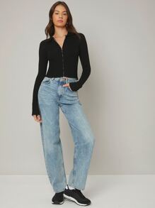 BizChic Solid Quarter Zip Ribbed Knit Top Workwear - Black - View 3