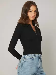 BizChic Solid Quarter Zip Ribbed Knit Top Workwear - Black - View 7