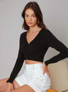 BizChic 素色前紐扣短款開衫工作服 - 黑色 - 查看 3